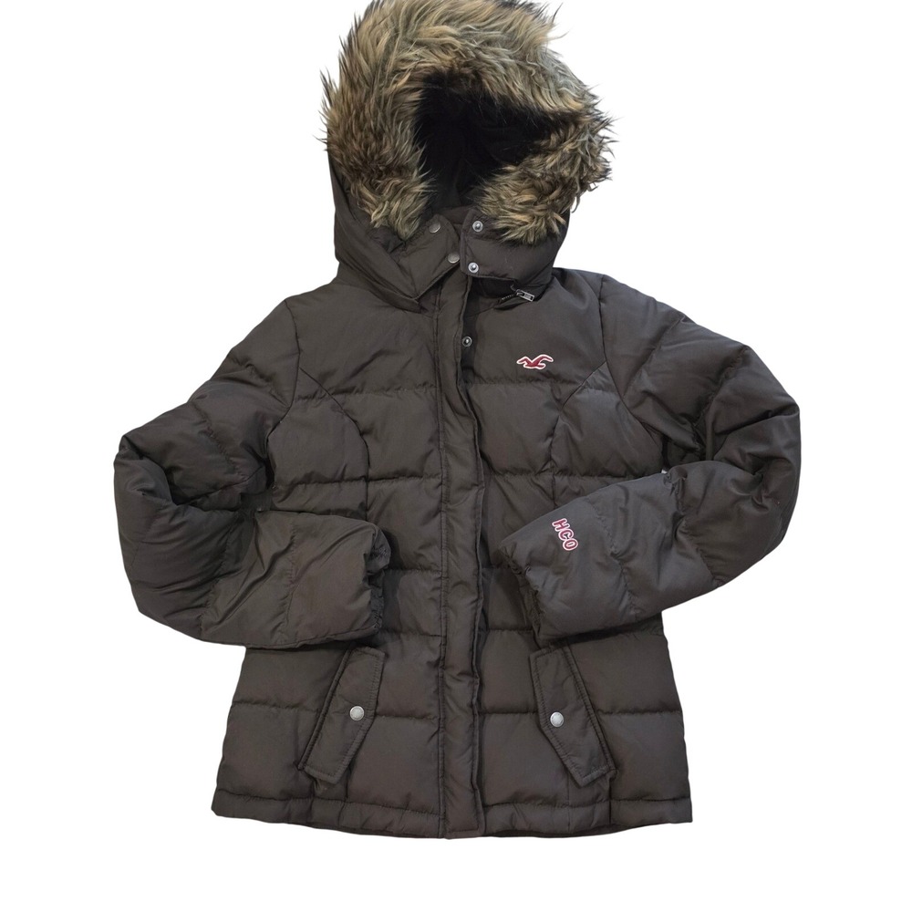 Hollister Womens Brown Puffer Jacket Hooded Faux Fur Trim Down Fill Medium